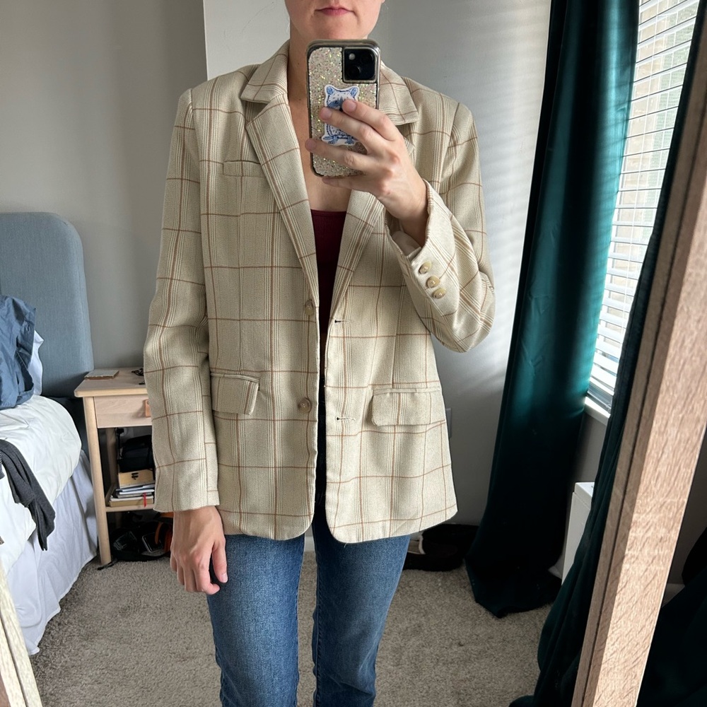 Lulu's Beige Plaid Structured Blazer